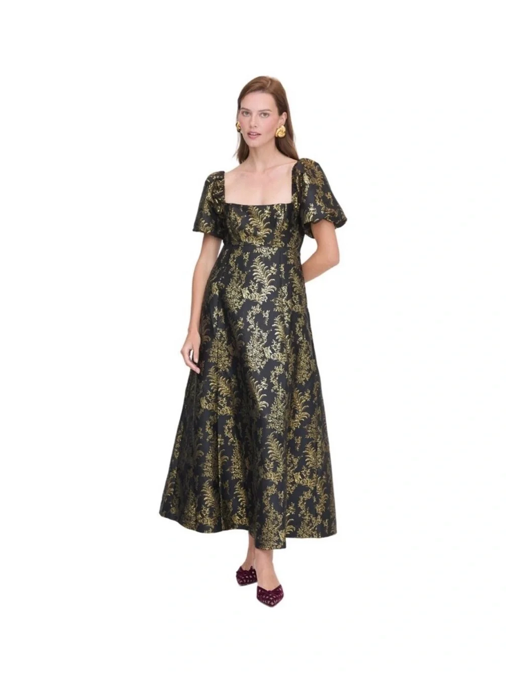 Hill House The Matilda in Black Gold Bird Brocade Smocked Dress size M - Picture 2 of 5